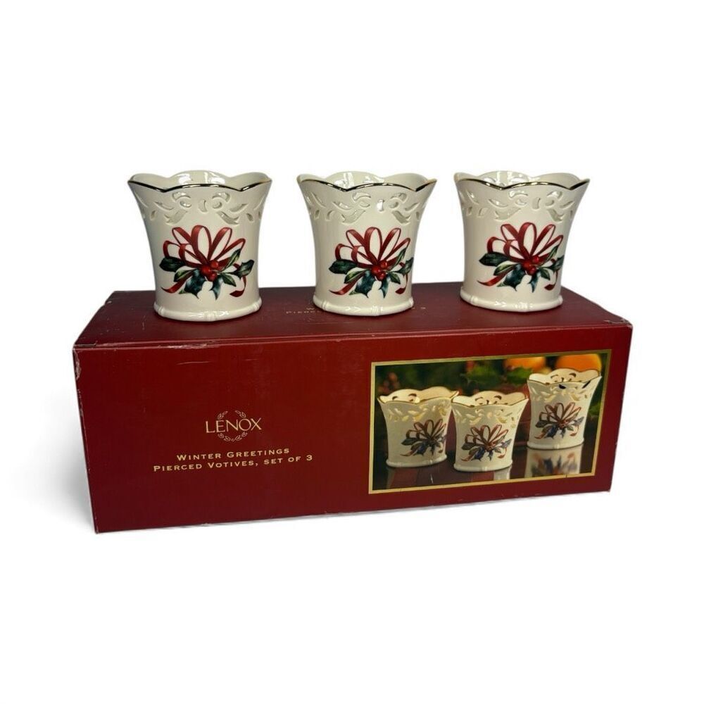 Lenox Winter Greetings Pierced Votive Candle Holders Set of 3 New Boxed